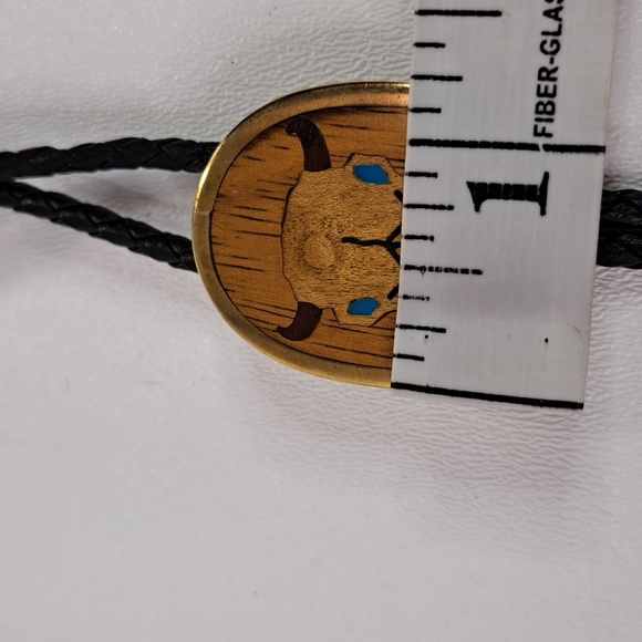 Vintage Buffalo Head Inlay Exotic Wood Brass Bolo With Turquoise Eyes - Picture 12 of 12